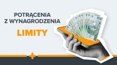 Telefon w dłoni z wystającymi pieniędzmi, obok napis: Potrącenia z wynagrodzenia – limity